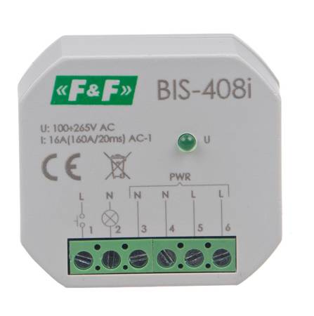 F&F Przekaźnik bistabilny,  podtynkowy, do podświetlanych przycisków z przekaźnikiem inrush 160A/20ms do źródeł LED montowany do puszki Ø60 BIS-408i